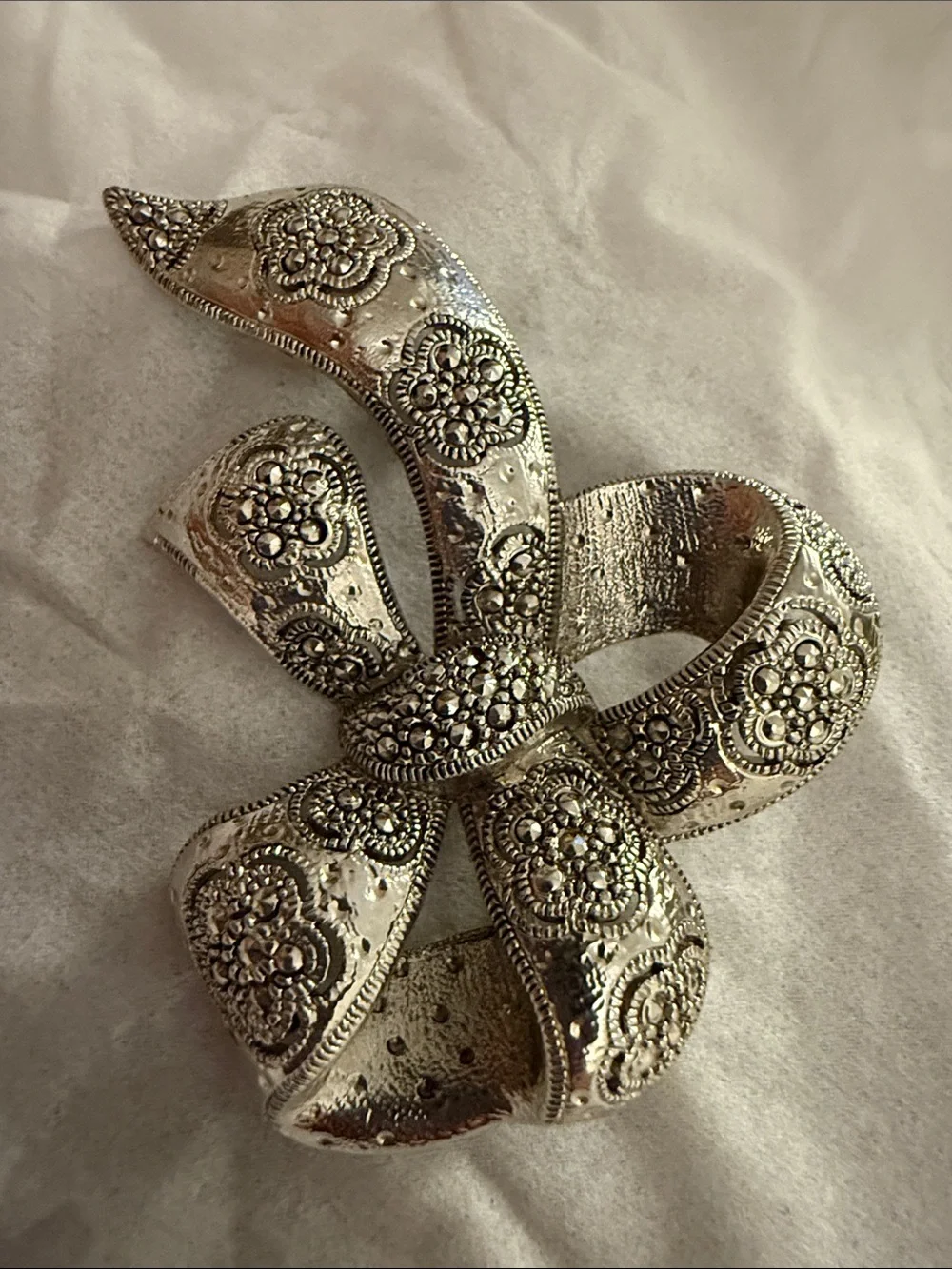 Ornate Silver Bow Floral Brooch - Women’s Statement Jewelry